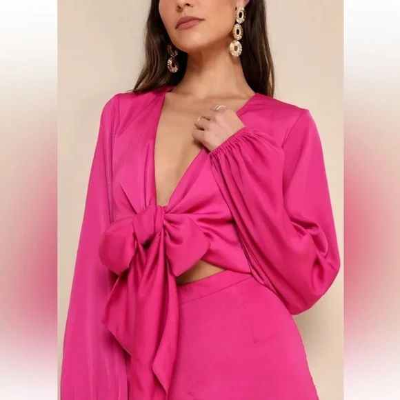 Lulu's NWT Trendsetting Direction Magenta Satin Tie Front Wide Leg Jumpsuit - Picture 4 of 11
